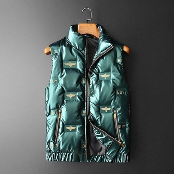 Vīriešu pūka bez piedurknēm vestes ar stāvošu apkakli, rāvējslēdzējs, pildījums no pīles pūkas, audums: kokvilnas maisījums, odere: poliester, Mingji patch kabatas, bieza konstrukcija, rudens–ziemas stils.