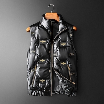 Vīriešu pūka bez piedurknēm vestes ar stāvošu apkakli, rāvējslēdzējs, pildījums no pīles pūkas, audums: kokvilnas maisījums, odere: poliester, Mingji patch kabatas, bieza konstrukcija, rudens–ziemas stils.