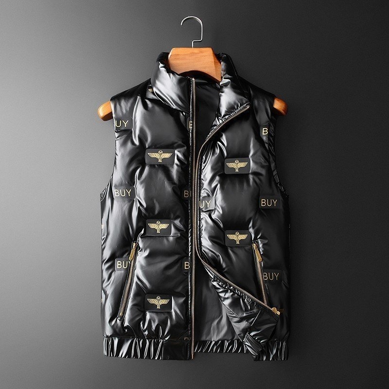 Vīriešu pūka bez piedurknēm vestes ar stāvošu apkakli, rāvējslēdzējs, pildījums no pīles pūkas, audums: kokvilnas maisījums, odere: poliester, Mingji patch kabatas, bieza konstrukcija, rudens–ziemas stils.