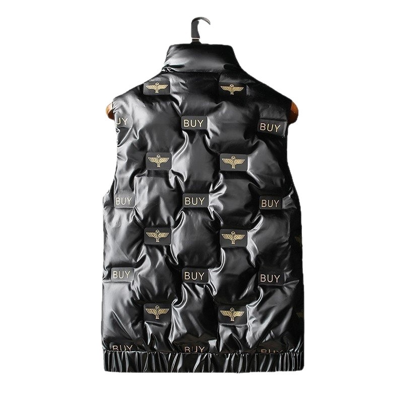 Vīriešu pūka bez piedurknēm vestes ar stāvošu apkakli, rāvējslēdzējs, pildījums no pīles pūkas, audums: kokvilnas maisījums, odere: poliester, Mingji patch kabatas, bieza konstrukcija, rudens–ziemas stils.