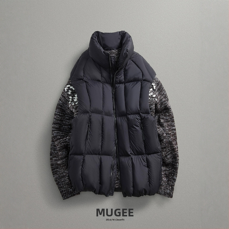 Vīriešu pūkaina veste ar kačpūku, pūču saturs 81–85%, pildījums 100–150 g, kokvilnas audums, augsts apkaklis, rāvējslēdzējs, pilsētas kolekcija, brīvs piegriezums