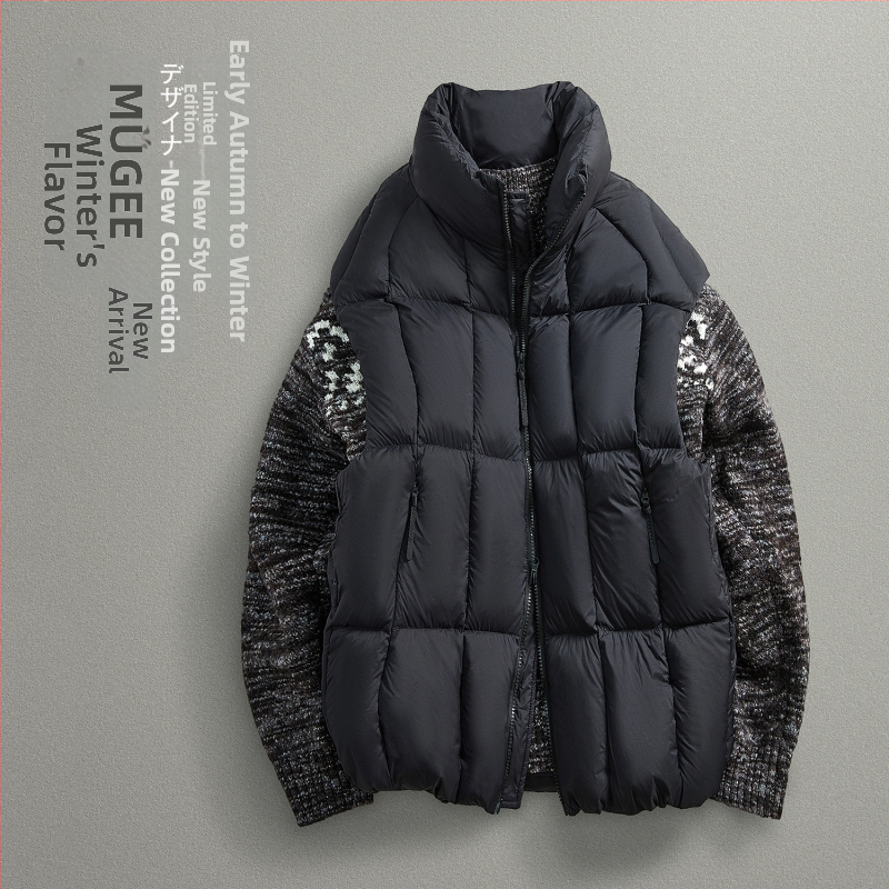 Vīriešu pūkaina veste ar kačpūku, pūču saturs 81–85%, pildījums 100–150 g, kokvilnas audums, augsts apkaklis, rāvējslēdzējs, pilsētas kolekcija, brīvs piegriezums