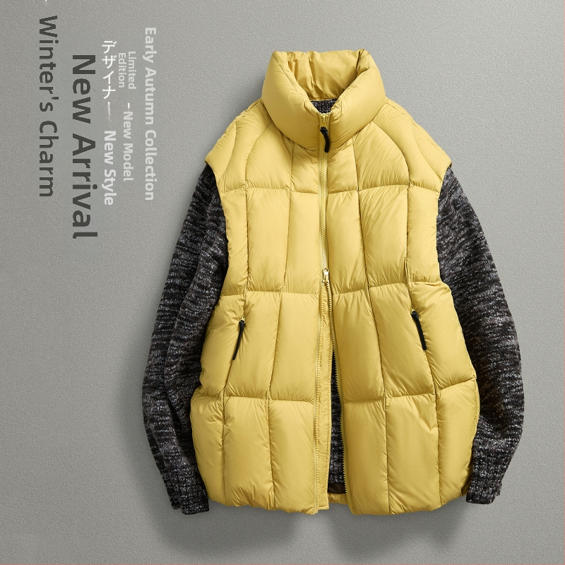 Vīriešu pūkaina veste ar kačpūku, pūču saturs 81–85%, pildījums 100–150 g, kokvilnas audums, augsts apkaklis, rāvējslēdzējs, pilsētas kolekcija, brīvs piegriezums