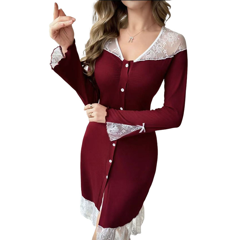 Noćna haljina od poliester s čipkom, camisole stil, bez rukava, bez ovratnika, srednje duljine