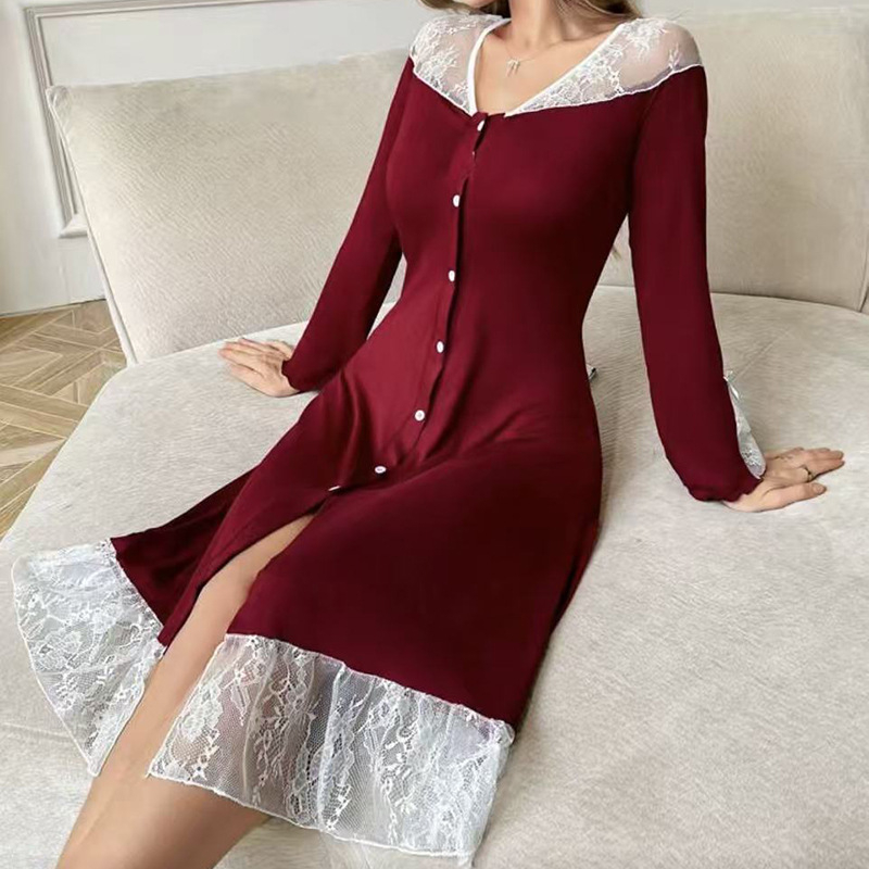 Noćna haljina od poliester s čipkom, camisole stil, bez rukava, bez ovratnika, srednje duljine