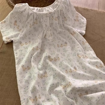 Noćna haljina za ljeto, korejskog stila s cvjetnim uzorkom i karikaturom patke, Cloud Cotton Blend materijal, okrugli izrez, midi dužina