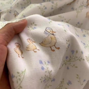 Noćna haljina za ljeto, korejskog stila s cvjetnim uzorkom i karikaturom patke, Cloud Cotton Blend materijal, okrugli izrez, midi dužina