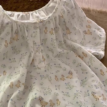 Noćna haljina za ljeto, korejskog stila s cvjetnim uzorkom i karikaturom patke, Cloud Cotton Blend materijal, okrugli izrez, midi dužina