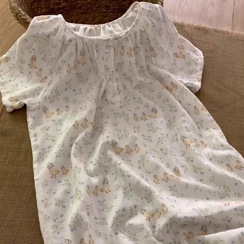 Noćna haljina za ljeto, korejskog stila s cvjetnim uzorkom i karikaturom patke, Cloud Cotton Blend materijal, okrugli izrez, midi dužina