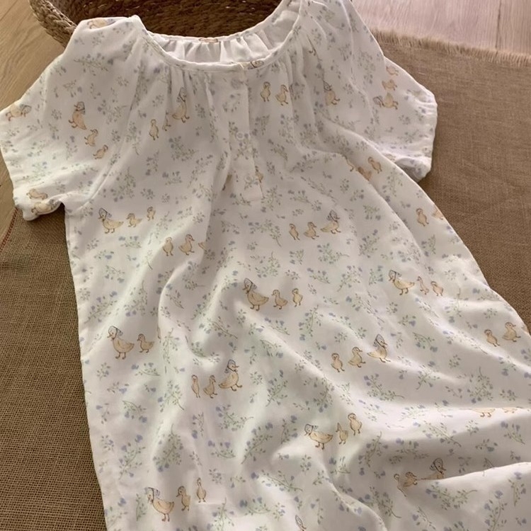 Noćna haljina za ljeto, korejskog stila s cvjetnim uzorkom i karikaturom patke, Cloud Cotton Blend materijal, okrugli izrez, midi dužina
