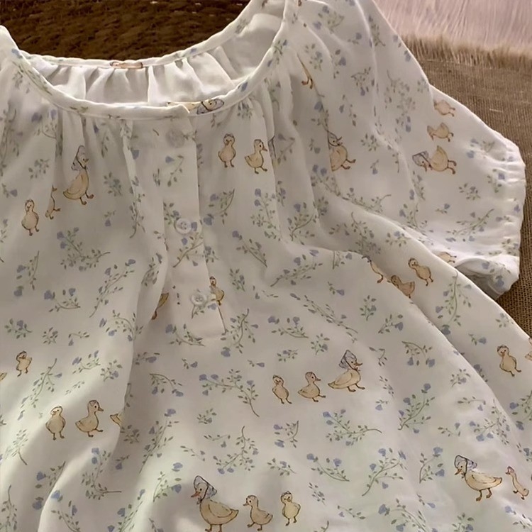 Noćna haljina za ljeto, korejskog stila s cvjetnim uzorkom i karikaturom patke, Cloud Cotton Blend materijal, okrugli izrez, midi dužina