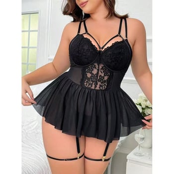 Plus size žensko donje rublje: mrežasta prozirna noćna haljina s čipkom, V izrez, bez rukava, udobno za dom (90–95% spandex, tanki materijal)