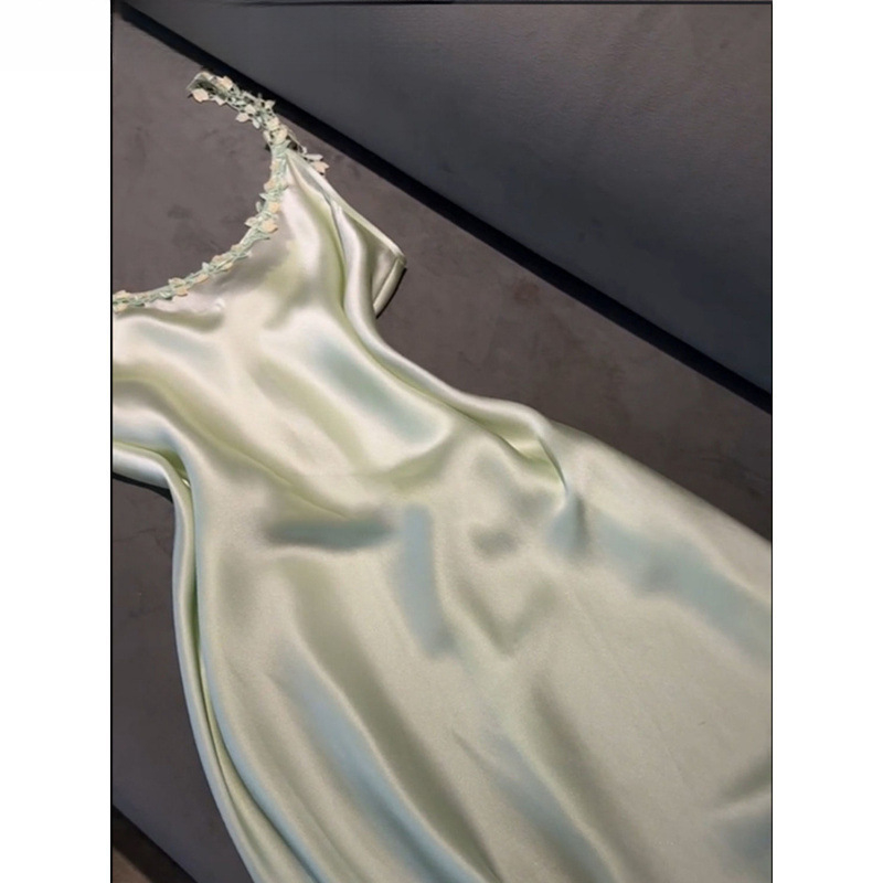 Noćna haljina za spavanje od Ice Silk, bez rukava, midi duljine, s čipkastim rubom i trakama, 100% najlon