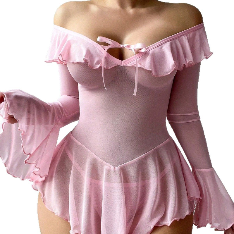 Nočná šaty s sieťovinou, hlavný materiál polyester, tenká tkanina, dlhé rukávy, dĺžka sukne