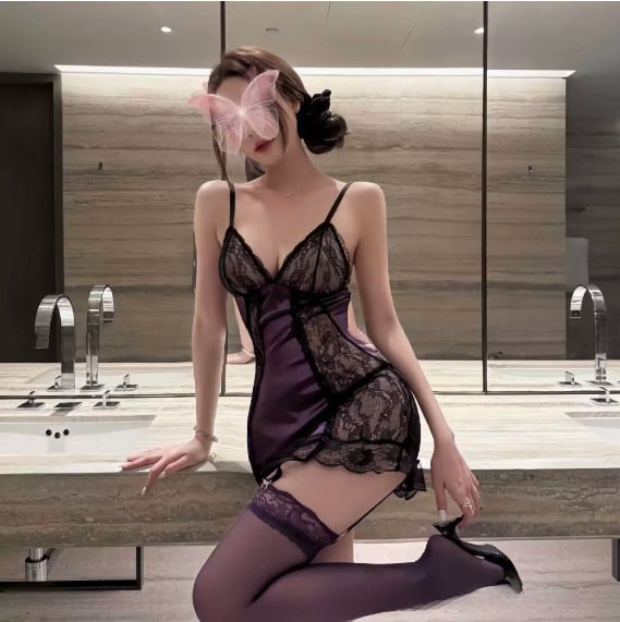 Plus veličine ljubičasto čipkasto donje rublje s prorezom, seksi bodycon silueta, cami pidžama i luksuzna kućna odjeća