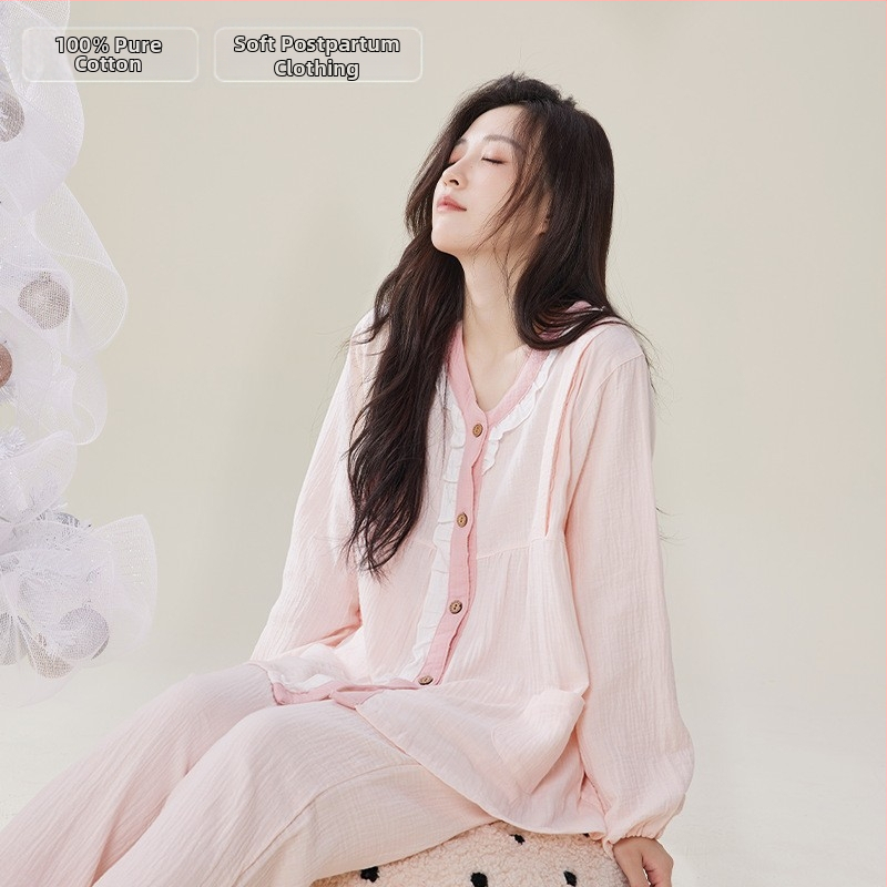 Postpartum szoptatós ruha szett, 100% pamutból, kétszálú pamutfonal, szoptatási nyílás, hosszú ujjú, nadrágos, légies és nedvességelnyelő