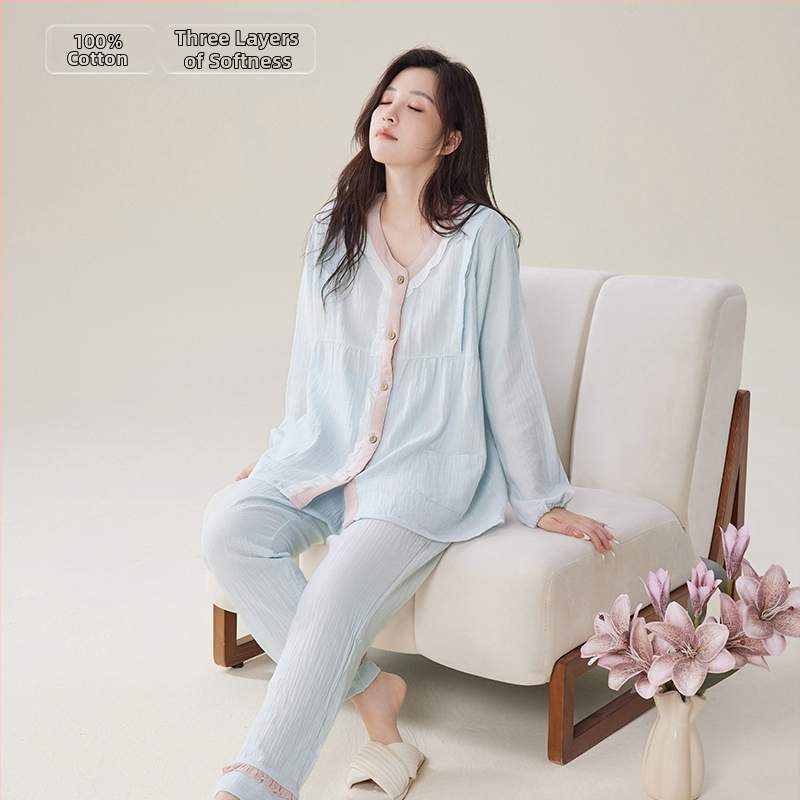 Postpartum szoptatós ruha szett, 100% pamutból, kétszálú pamutfonal, szoptatási nyílás, hosszú ujjú, nadrágos, légies és nedvességelnyelő