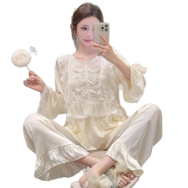 Pidžama set od Ice Silk, s dugim rukavima, stil vila, prozračne udobne kućne pidžame za sve sezone