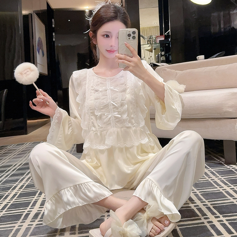 Pidžama set od Ice Silk, s dugim rukavima, stil vila, prozračne udobne kućne pidžame za sve sezone