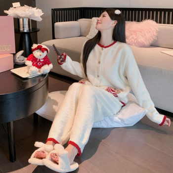 Cardigan set pižama: bez ovratnika, dugi rukavi, hlače; poliester, polu-velur, ekstra debeli 501–600 g/m²,_studentski stil, zimska odjeća