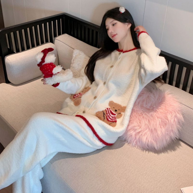 Cardigan set pižama: bez ovratnika, dugi rukavi, hlače; poliester, polu-velur, ekstra debeli 501–600 g/m²,_studentski stil, zimska odjeća