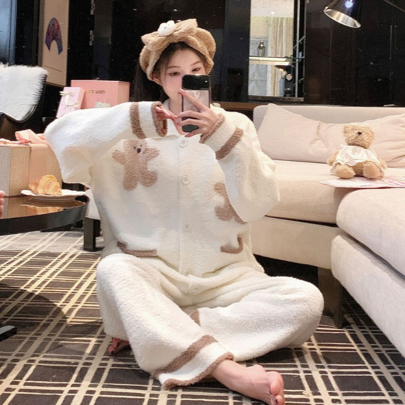 Cardigan set pižama: bez ovratnika, dugi rukavi, hlače; poliester, polu-velur, ekstra debeli 501–600 g/m²,_studentski stil, zimska odjeća