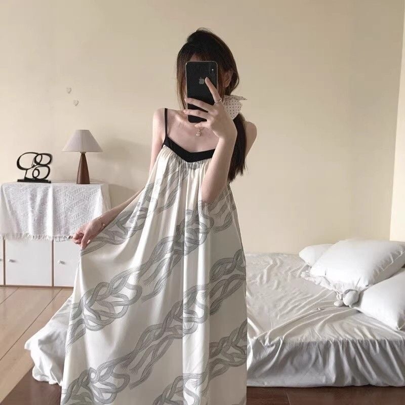 Plus veličine seksi noćna haljina s V-izrezom i tankim trakama, ljetni kineski stil, duga haljina