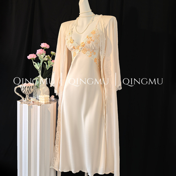 Francuski stil – čipkasta noćna haljina s stražnjim remenom, od ice silk, dugi rukavi, V izrez