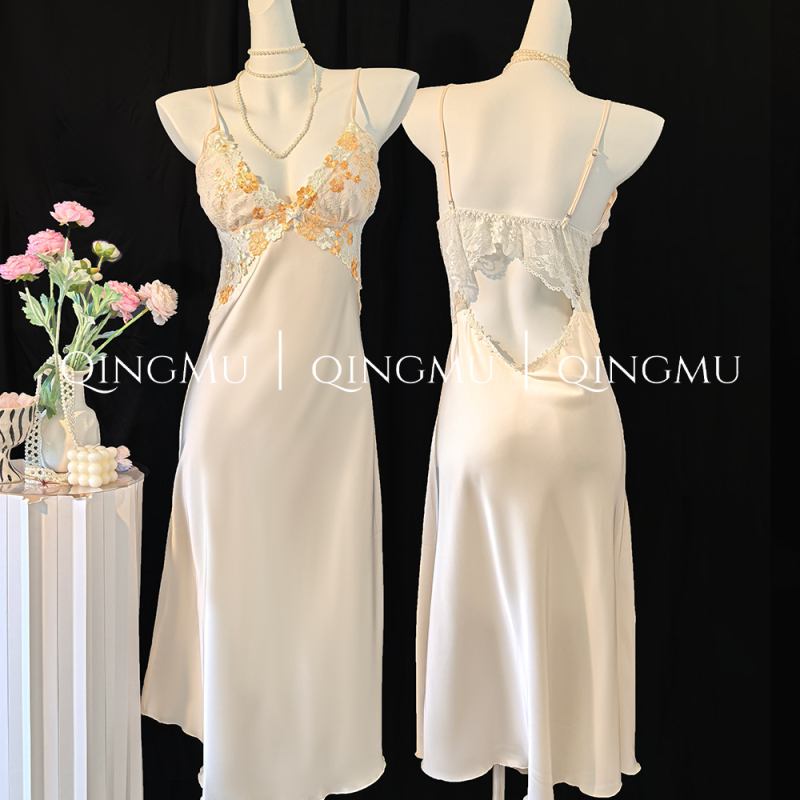 Francuski stil – čipkasta noćna haljina s stražnjim remenom, od ice silk, dugi rukavi, V izrez