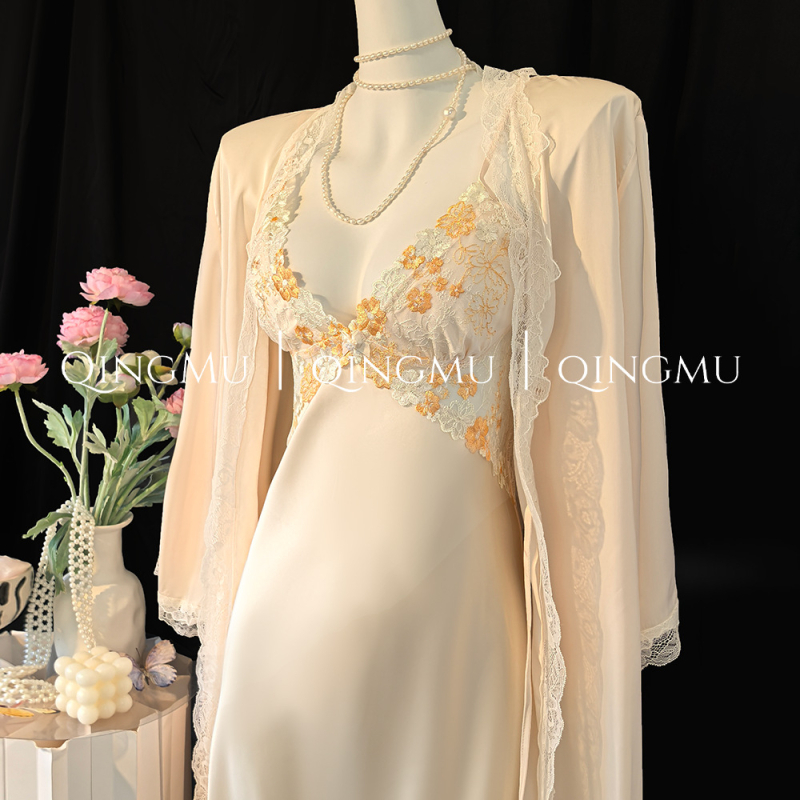 Francuski stil – čipkasta noćna haljina s stražnjim remenom, od ice silk, dugi rukavi, V izrez