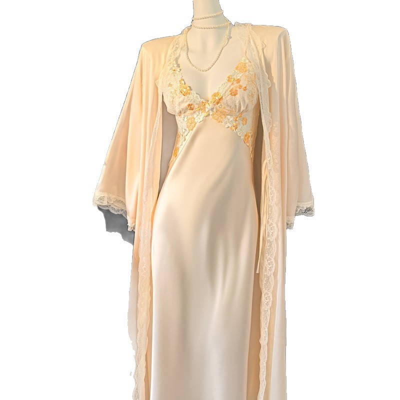 Francuski stil – čipkasta noćna haljina s stražnjim remenom, od ice silk, dugi rukavi, V izrez