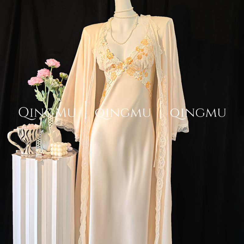 Francuski stil – čipkasta noćna haljina s stražnjim remenom, od ice silk, dugi rukavi, V izrez