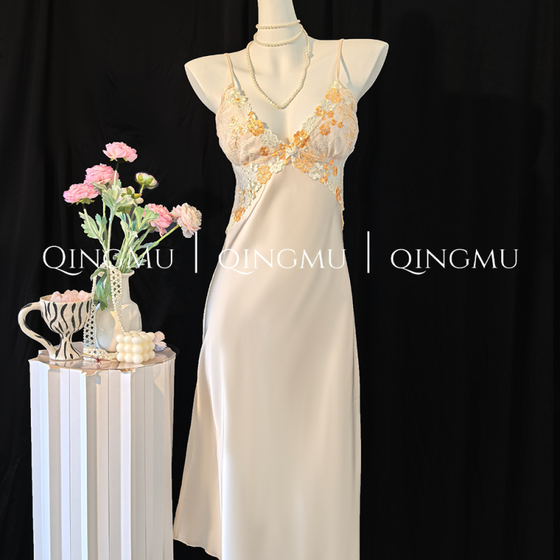 Francuski stil – čipkasta noćna haljina s stražnjim remenom, od ice silk, dugi rukavi, V izrez