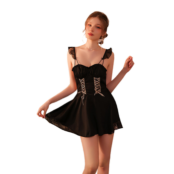 Νυχτικό χωρίς μανίκια με τιράντες, V-λαιμό και διαφανή δαντέλα – πολυεστέρας, κοντή φούστα, άνετο οικιακό νυχτικό για γυναίκες