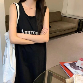 Rochie de noapte fără mâneci, guler rotund — imprimeu, stil dulce și drăguț, rochie lungă, 100% material principal, greutate moderată