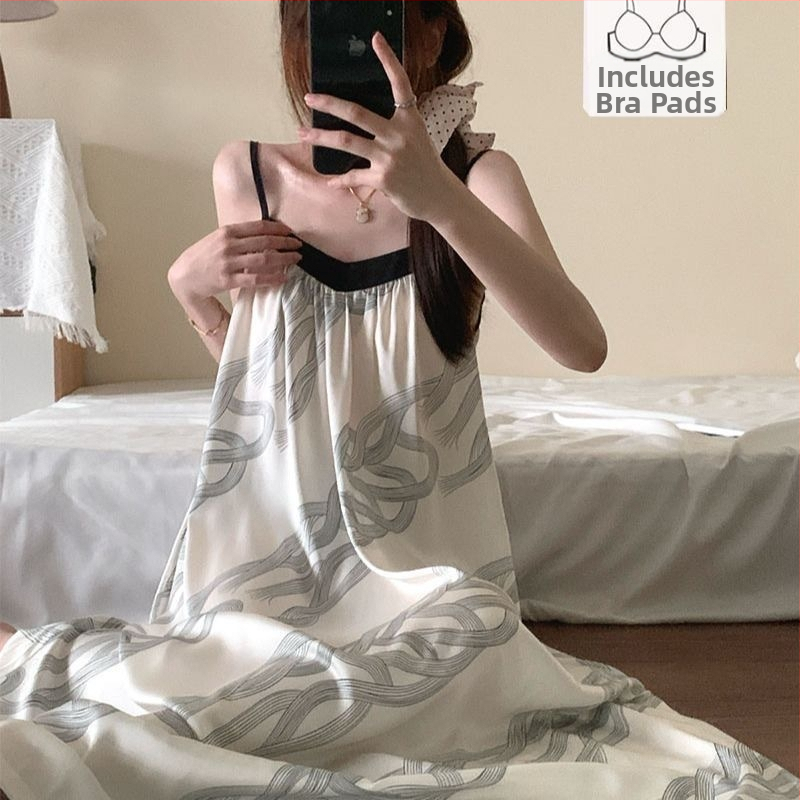 Ženské nočné šaty s V výstrihom a ramienkami, čínskeho štýlu, polyester, dlhá sukňa, 3/4 rukávy, vzdušné a pohodlné na leto