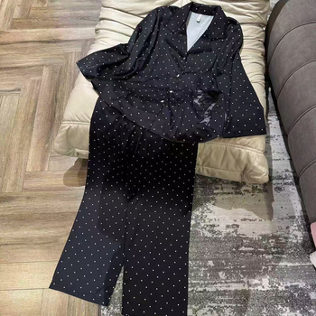 Ženski set pidžama od ice silk s polka točkama, dugih rukava, čipka, mašna, za sve sezone