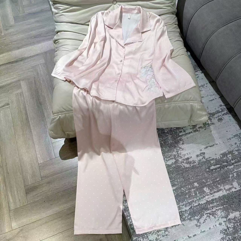 Ženski set pidžama od ice silk s polka točkama, dugih rukava, čipka, mašna, za sve sezone