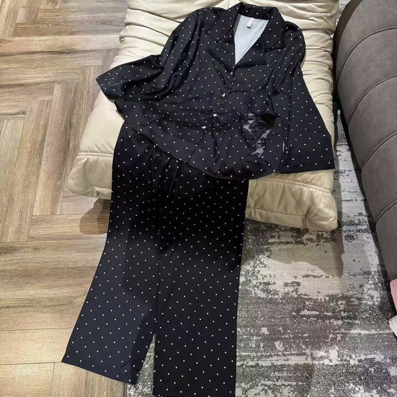 Ženski set pidžama od ice silk s polka točkama, dugih rukava, čipka, mašna, za sve sezone