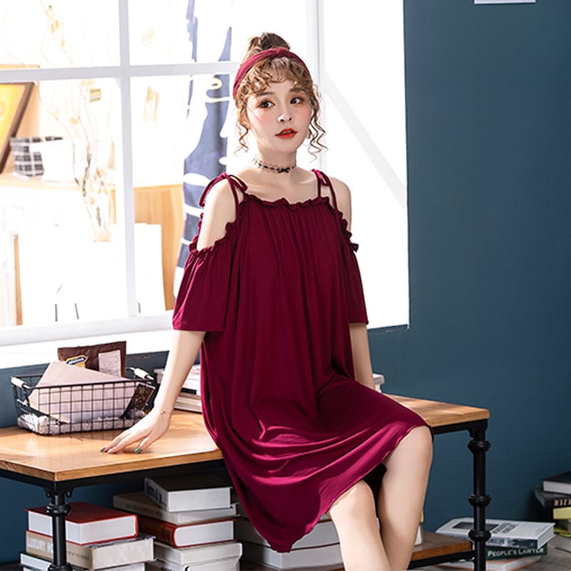 Ženska noćna haljina s otkrivenim ramenima, off-shoulder, midi duljina, udobna za kuću, materijal: regenerirano vlakno, viskozno vlakno, prozračna, udobna, godišnja doba: ljeto, proljeće, jesen