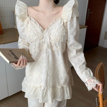 Дамски дантелени пижами, V-образно деколте, дълги ръкави, панталони, 100% полиестер