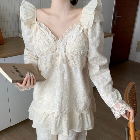 Дамски дантелени пижами, V-образно деколте, дълги ръкави, панталони, 100% полиестер