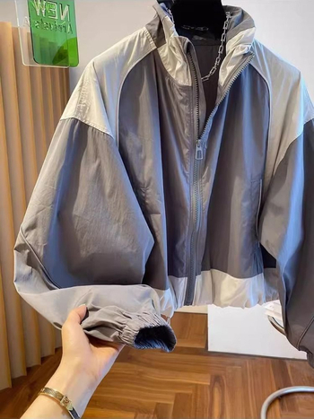Ženska kratka jakna s color-blockom, korejskog stila sa stojećim ovratnikom, ležerni kroj