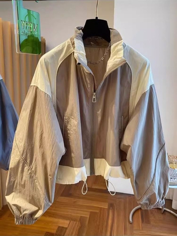 Ženska kratka jakna s color-blockom, korejskog stila sa stojećim ovratnikom, ležerni kroj