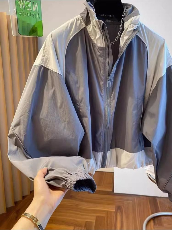 Ženska kratka jakna s color-blockom, korejskog stila sa stojećim ovratnikom, ležerni kroj