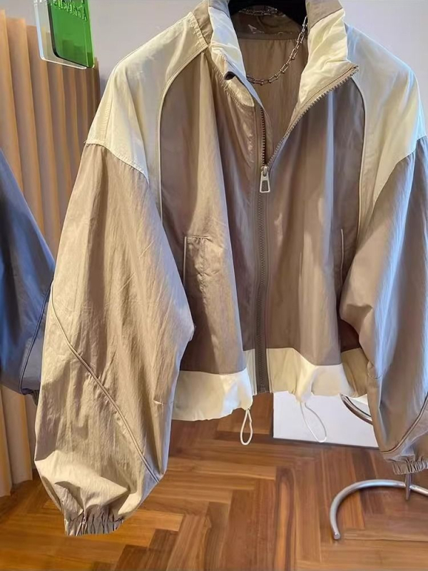 Ženska kratka jakna s color-blockom, korejskog stila sa stojećim ovratnikom, ležerni kroj