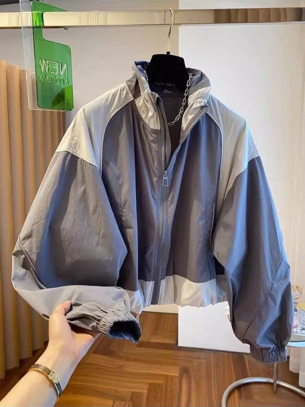 Ženska kratka jakna s color-blockom, korejskog stila sa stojećim ovratnikom, ležerni kroj