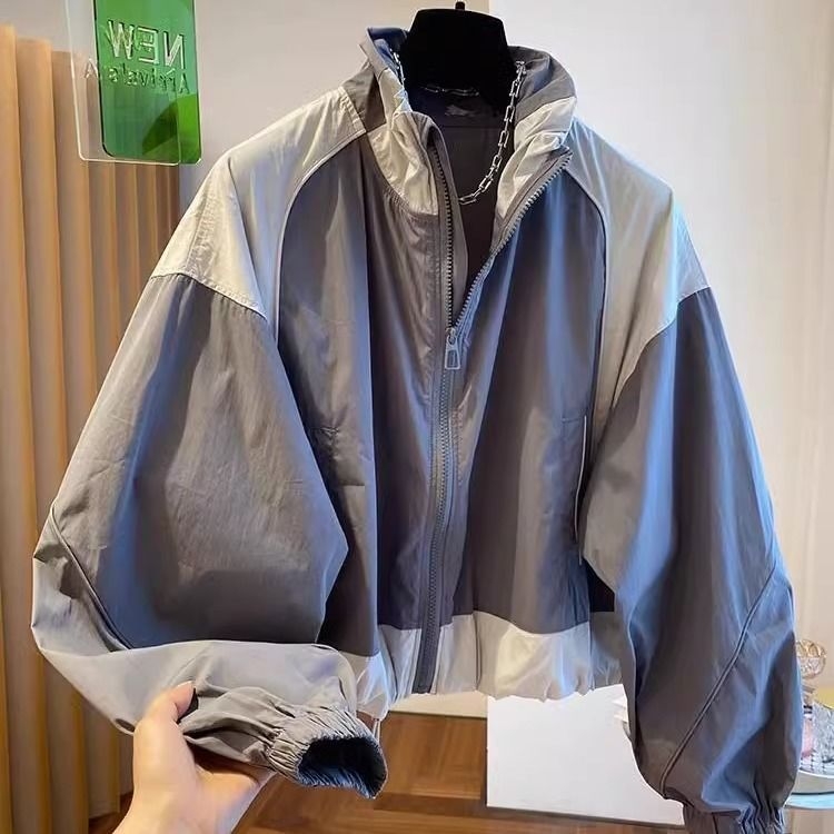 Ženska kratka jakna s color-blockom, korejskog stila sa stojećim ovratnikom, ležerni kroj