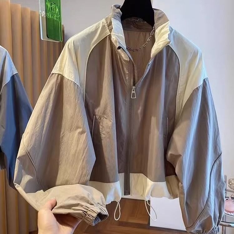 Ženska kratka jakna s color-blockom, korejskog stila sa stojećim ovratnikom, ležerni kroj