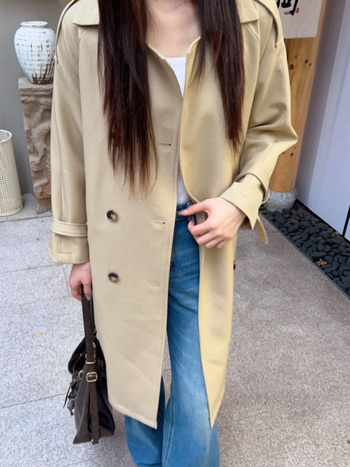 Γυναικείο trench coat, κορεατικού στιλ για μικρόσωμες, διπλό κουμπί, πέτο γιακά, μακρύ μήκος, πολυεστέρας